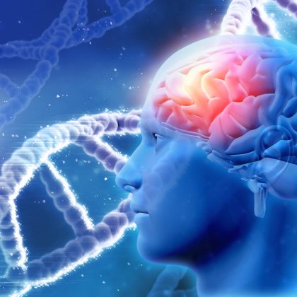 3D medical background with male head with brain and DNA strands